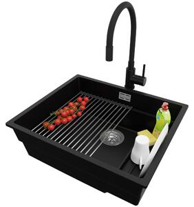 Lavello da incasso PRIMAGRAN in granito nero 56x47 cm, lavello a vasca singola + set di scarico + set di accessori da cucina, lavello in granito per mobili base da 60 cm - Praga