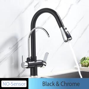 Miscelatore da cucina – Miscelatore estraibile per acqua filtrata – Acqua calda e fredda – Due manopole – Montaggio su piano – Senza sensore – Cromo nero