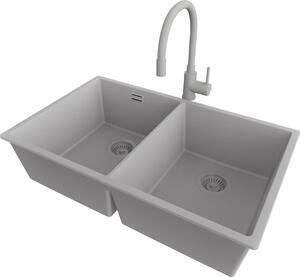 PRIMAGRAN lavello sottopiano granito grigio 76x47cm, lavello 2 vasche + rubinetto cucina 38x14cm + set di scarico, lavello in granito da base 80 cm - London Twin