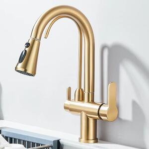 Rubinetto da cucina per acqua filtrata - Rubinetto da cucina a due manopole - Doccetta estraibile - Girevole a 360° - Acqua calda e fredda - Ottone - Finitura dorata spazzolata