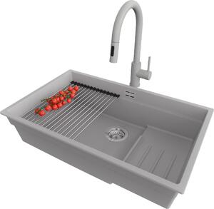PRIMAGRAN lavello sottopiano granito grigio 76x47cm, lavello 1 vasca + set di scarico + set di accessori da cucina, lavello in granito da base 80 cm - Praga