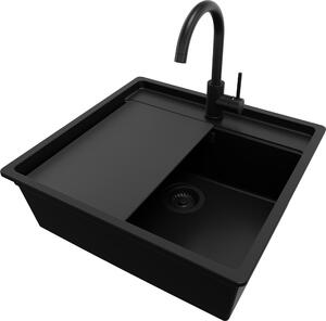 Lavello in granito PRIMAGRAN Tutto nero 56x53cm, lavello 1 vasca + set di scarico + set di accessori da cucina, lavello da cucina da base 60 cm - Bergen