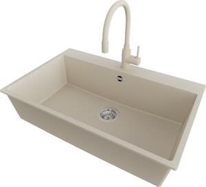Lavello PRIMAGRAN in granito beige 78x50cm, lavello 1 vasca + rubinetto da cucina 38x14cm + set di scarico, lavello da cucina con base 80 cm - Riga