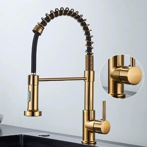 Miscelatore da cucina – Miscelatore da cucina estraibile e flessibile – Acciaio inossidabile 304 – Acqua calda e fredda – Comando monoleva – Rotazione a 360° – Finitura dorata spazzolata con tubo nero