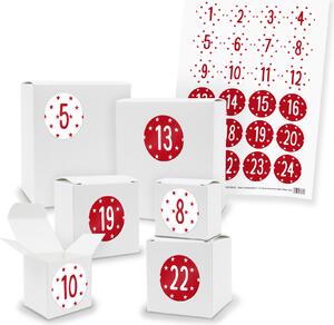 Calendario dell'Avvento da riempire: 24 cubi rettangolari assortiti BIANCHI + adesivi (V01 Z39)
