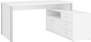 Forte TEMPRA 2 Scrivania 120, scrivania moderna a L con mensola, 2 ante, 3 cassetti, materiale derivato dal legno, bianco/grigio, larghezza 120,6 cm x altezza 74,9 cm x profondità 151,4 cm