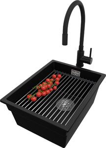 Lavello in granito PRIMAGRAN nero 36x47 cm, lavello a vasca singola + set di scarico + set di accessori da cucina, lavello da cucina per mobili base da 40 cm - Praga Slim