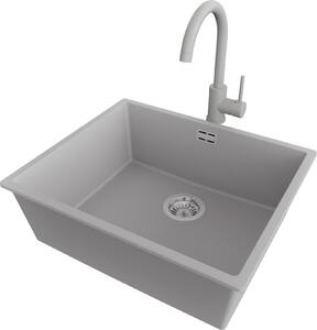 PRIMAGRAN lavello sottopiano granito grigio 56x47cm, lavello 1 vasca + rubinetto cucina 32x20cm + set scarico, lavello in granito da base 60 cm - London