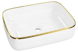 LAVITA Lavabo da appoggio Galera Gold Line | Lavabo da appoggio rettangolare | Lavabo senza troppopieno e foro per rubinetto | In porcellana di alta qualità | Lavabo | 50,5x40x14 cm | Bianco/Oro
