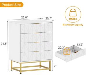 Comodino moderno - Mobile contenitore per soggiorno e camera da letto - 4 cassetti - Ampio spazio di stoccaggio - Gambe in metallo - Maniglie dorate - Bianco