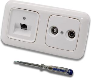 Busch Jäger, presa di rete da incasso Rutenbeck 10 Gigabit/s (10GbE) CAT6A 6A con 1 porta RJ45 + scatola passante WISI a 2 fori nel design BJ ReflexSi bianco alpino + tester di fase EBROM per il montaggio dei dispositivi