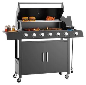 Griglia a gas - Griglia indipendente - 7 bruciatori - 60.000 BTU - Bruciatore laterale da 12.000 BTU - Griglie in ghisa - Corpo in acciaio inossidabile nero