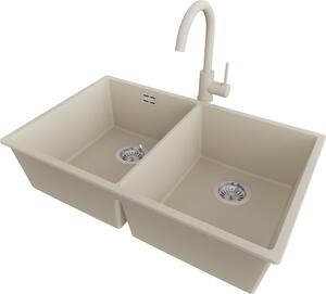 PRIMAGRAN lavello sottopiano in granito beige 76x47cm, lavello 2 vasche + rubinetto cucina 32x20cm + set di scarico, lavello in granito da base 80 cm - London Twin