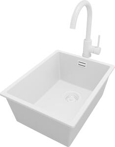 Lavello in granito PRIMAGRAN Tutto bianco 36x47 cm, lavello a vasca singola + rubinetto da cucina 32x20 cm + set di scarico, lavello da cucina per mobili base da 40 cm - London Slim