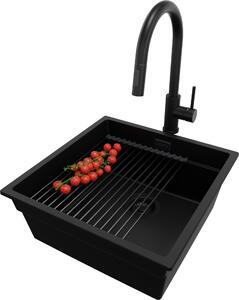 PRIMAGRAN Lavello da incasso in granito, modello "Alles Schwarz", 46x47 cm, lavello a vasca singola + set di scarico + set di accessori da cucina, lavello in granito per mobili base da 50 cm - Praga