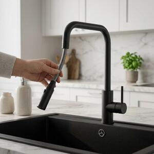 Miscelatore da cucina nero, estraibile, modello PLXSQUA-10 Pure.Sink