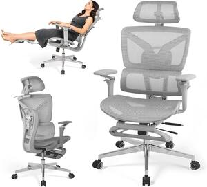 Sedia da ufficio ergonomica - Sedia alta - Comfort per il lavoro da casa - Con poggiapiedi - Portata fino a 200 kg - Grigia