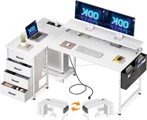 Scrivania angolare a forma di L - Scrivania per computer e postazione di lavoro - Organizzazione per il lavoro da casa - Stazione di ricarica integrata - 140x80 cm - Bianco