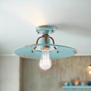 Lampada da soffitto in metallo Vetroceramica D: 40 cm tondo azzurro shabby antico E27 vintage in Vetroceramica