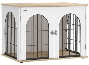 PawHut Gabbia per Cane, Mobile Gabbia Interno ad Arco con Doppia Porta come Tavolino in Metallo, 80x56x59 cm, Bianco | Aosom Italy
