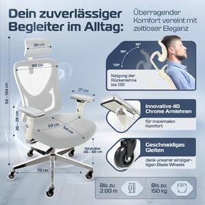 CLOUVOU CleverSeat sedia da ufficio, sedia da scrivania, ergonomica, sedia direzionale per studio, bracciolo in metallo cromato 4D, ruote a lama, sedia ergonomica