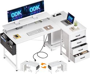 Scrivania angolare a forma di L - Scrivania per computer e postazione di lavoro - Organizzazione per il lavoro da casa - Stazione di ricarica integrata - 140x80 cm - Bianco