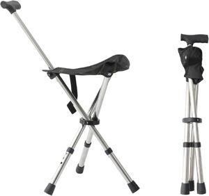 Sgabello pieghevole - Sedia da passeggio con bastone - Seduta per riposare - Altezza regolabile - Fino a 113 kg - Nero