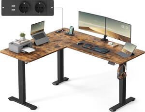 Scrivania regolabile in altezza - Tavolo a forma di L - Postazione di lavoro confortevole - Presa di corrente integrata - 140 x 160 cm - Marrone rustico