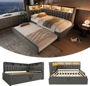 Divano letto 90 x 200 cm con letto estraibile 90 x 190 cm, dotato di altoparlanti Bluetooth, porte USB-A e USB-C, illuminazione LED e schienale a forma di L, colore grigio, con luce notturna