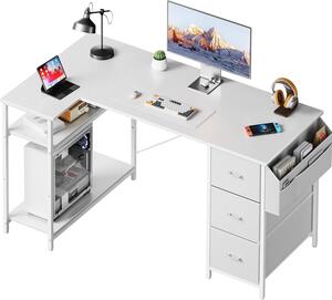 Scrivania angolare con spazio contenitivo - Scrivania a forma di L - Ideale per lavorare da casa e studiare - Dotata di 3 cassetti rivestiti in tessuto - Dimensioni: 120 x 80 cm
