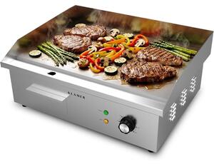 Griglia elettrica KLAMER in acciaio inossidabile da 3000 W, piastra XL 54,5 x 38,5 cm, griglia da tavolo elettrica 50–300 °C, piastra in ghisa, paraspruzzi, vaschetta di raccolta, per balconi e ristorazione