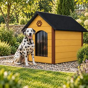 Cuccia per cani QLS, dimensioni XL (104x74 cm), isolata, in legno, per uso esterno, colore marrone miele, modello 9068