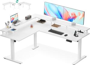 Scrivania angolare elettrica - Scrivania regolabile in altezza a forma di L - Postazione di lavoro ergonomica per la casa - Presa di corrente integrata - 150x120 cm - Bianco