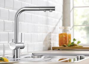 Miscelatore da cucina tri-vie ad alta pressione, in ottone cromato, a forma di "L", 3-in-1 con filtro per l'acqua, girevole a 360°