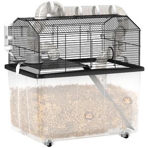 PawHut Gabbia per Criceti a 2 Piani con Ruote, Tubi, Ciotola, Bottiglia e Rampa, 58x43x57 cm, Nero