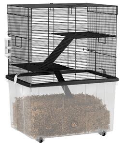 PawHut Gabbia per Criceti 3 Piani con Ruote, 2 Piattaforme, Rampe, Ciotola e Bottiglia, 58x43x74 cm, Nero