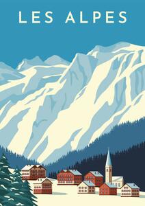 Illustrazione Alps travel retro poster vintage banner, Rinat Khairitdinov