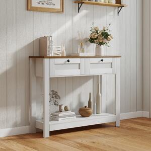 Costway Tavolo da ingresso stretto da 106 cm con ripiano aperto per soggiorno, Tavolo consolle in stile casale con 2 cassetti Bianco