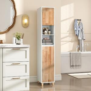 Costway Armadio per biancheria con 3 ripiani e cesta porta biancheria rimovibile, Unità alta per bagno con ante in legno in gomma