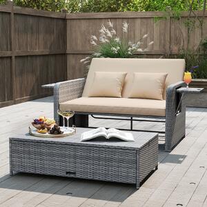 Costway Divano letto in rattan per patio con schienale regolabile e tavolini pieghevoli, Set 2 pezzi con divanetto e pouf per giardino e piscina Beige