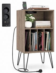 Costway Supporto per giradischi con stazione di ricarica porta vinili con scomparti, Supporto tavolo porta dischi con gambe in metallo Grigio