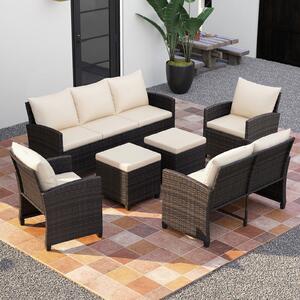 Costway Set salotto da esterno in rattan PE con divano a 3 posti divano a 2 posti, Set da giardino con 2 poltrone e 2 poggiapiedi Beige