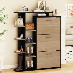 Costway Scarpiera salvaspazio con 3 ante a ribalta e 8 ripiani per scarpe e borse, Portascarpe in legno per ingresso e salotto Nero+Naturale