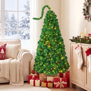 Costway Albero di natale artificiale con luce led bianca calda, Albero di natale innevato con aghi di pino foglie in pvc ramo superiore flessibile 150 cm