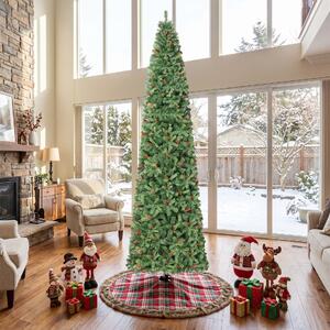 Costway Albero di natale slim con luci incorporati pigne e bacche per interno e esterno, Albero natale artificiale e automatico con 1818 rami e 700 luci