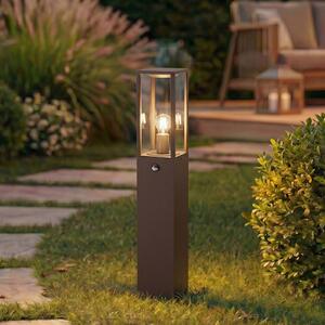 Lampione Lindby Peldar, color ruggine/trasparente, altezza 80 cm, sensore Peldar Lindby, dimmerabile, Marrone / Ruggine, Alluminio, Moderno