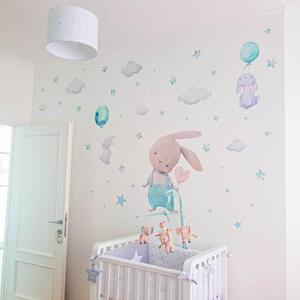Adesivi Murali per Bambini - Coniglietti con Stelle nel Colore Menta