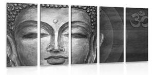 Quadri in 5 parti volto del Buddha in bianco e nero