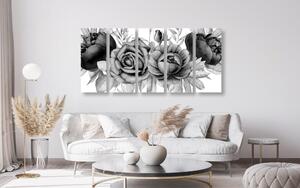 Quadri in 5 parti affascinante composizione di fiori e foglie in bianco e nero