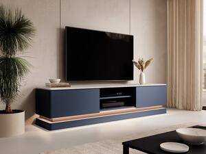 Beliani Mobile TV 140 Cm Bianco E Beige Con Ante In Rattan Sintetico - 2 Ante E 2 Ripiani - Stile Boho Retrò Con Passacavi - MDF